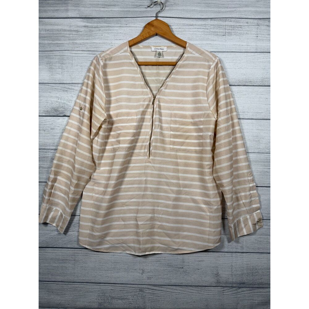 Calvin Klein Women's L Beige White Stripe Zip Front Roll Tab Blouse 1474